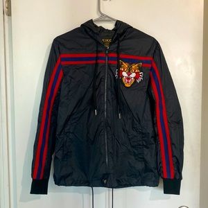 Black Hoodie, tiger logo, red stripe.